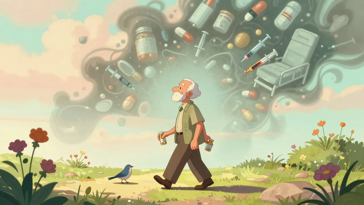 An older adult walking lightly down a path with just two pills, leaving behind a tangle of medical clutter in the mist.