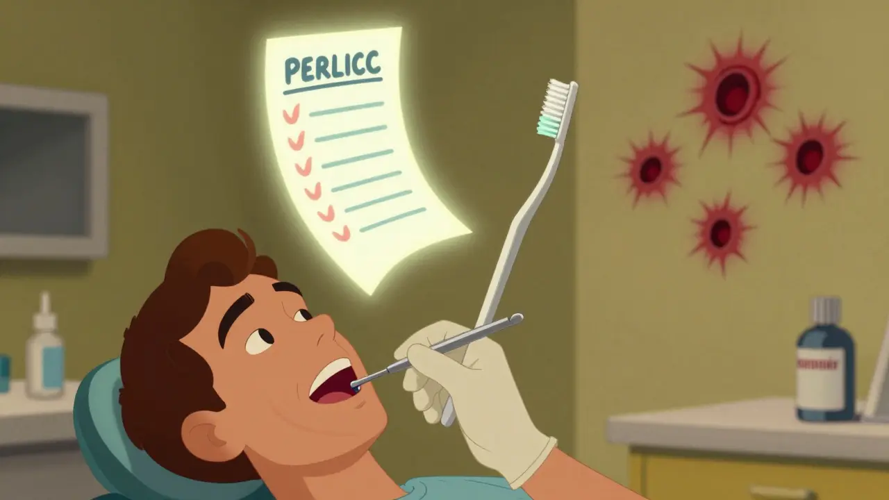 Dentist examining mouth before treatment, with floating dental care items in psychedelic style.