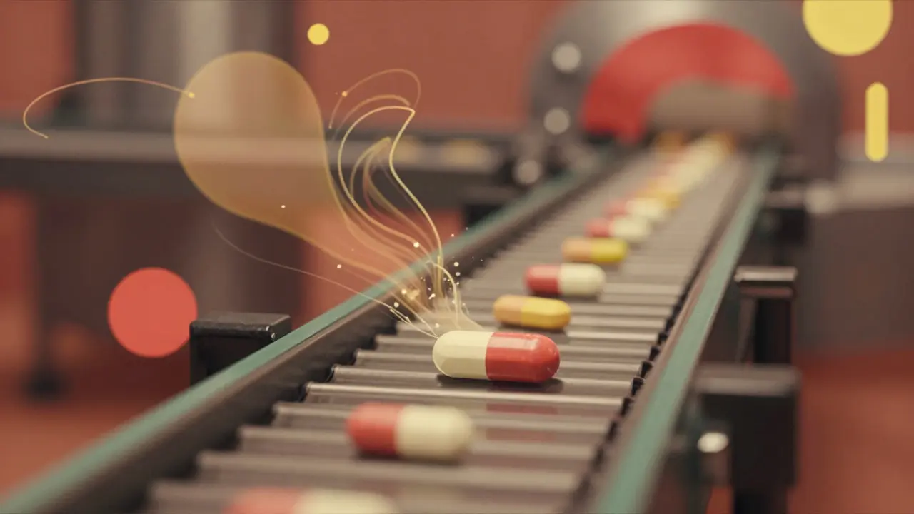 Factory conveyor belt producing pills with abstract swirling patterns