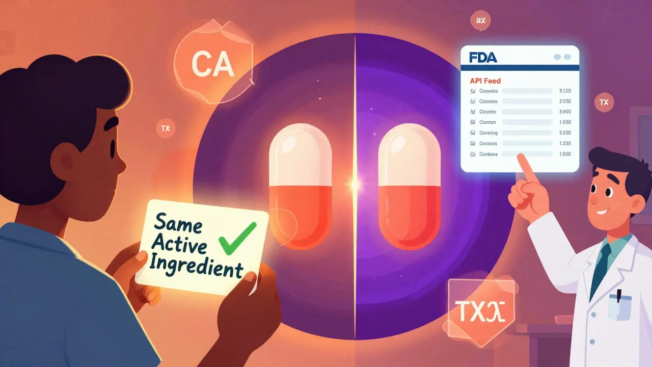 Patient with prescription label showing green checkmark, pills morphing into each other in swirling colors