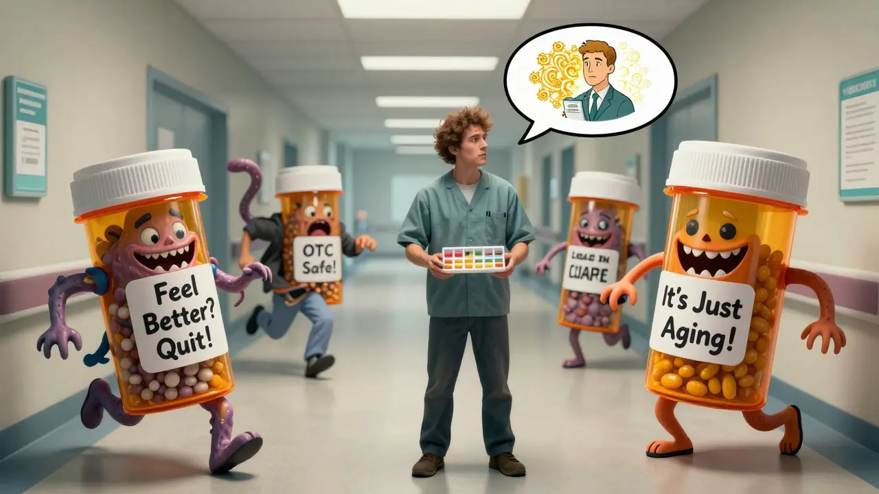 Patients flee from prescription bottles that morph into monstrous myths, while one patient stands firm with a pill organizer, listening to a pharmacist.