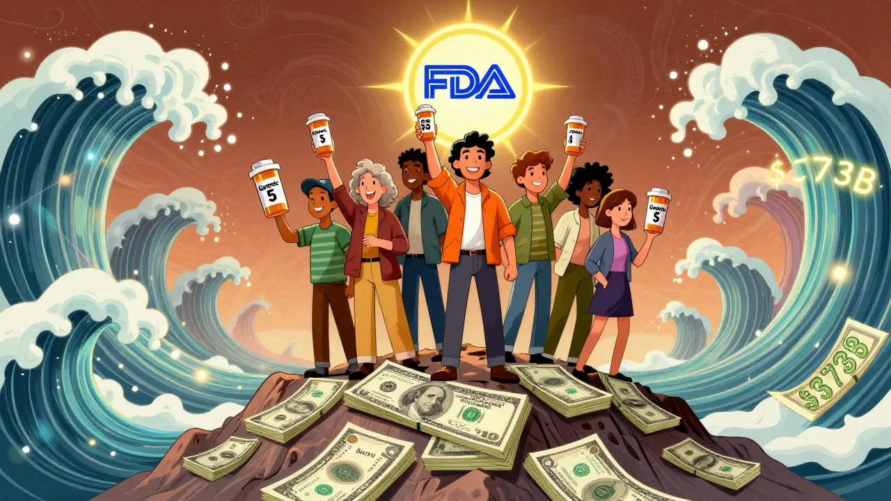People smiling atop a mountain of money, holding cheap generic pills as a glowing FDA seal shines above, with swirling savings waves in psychedelic style.
