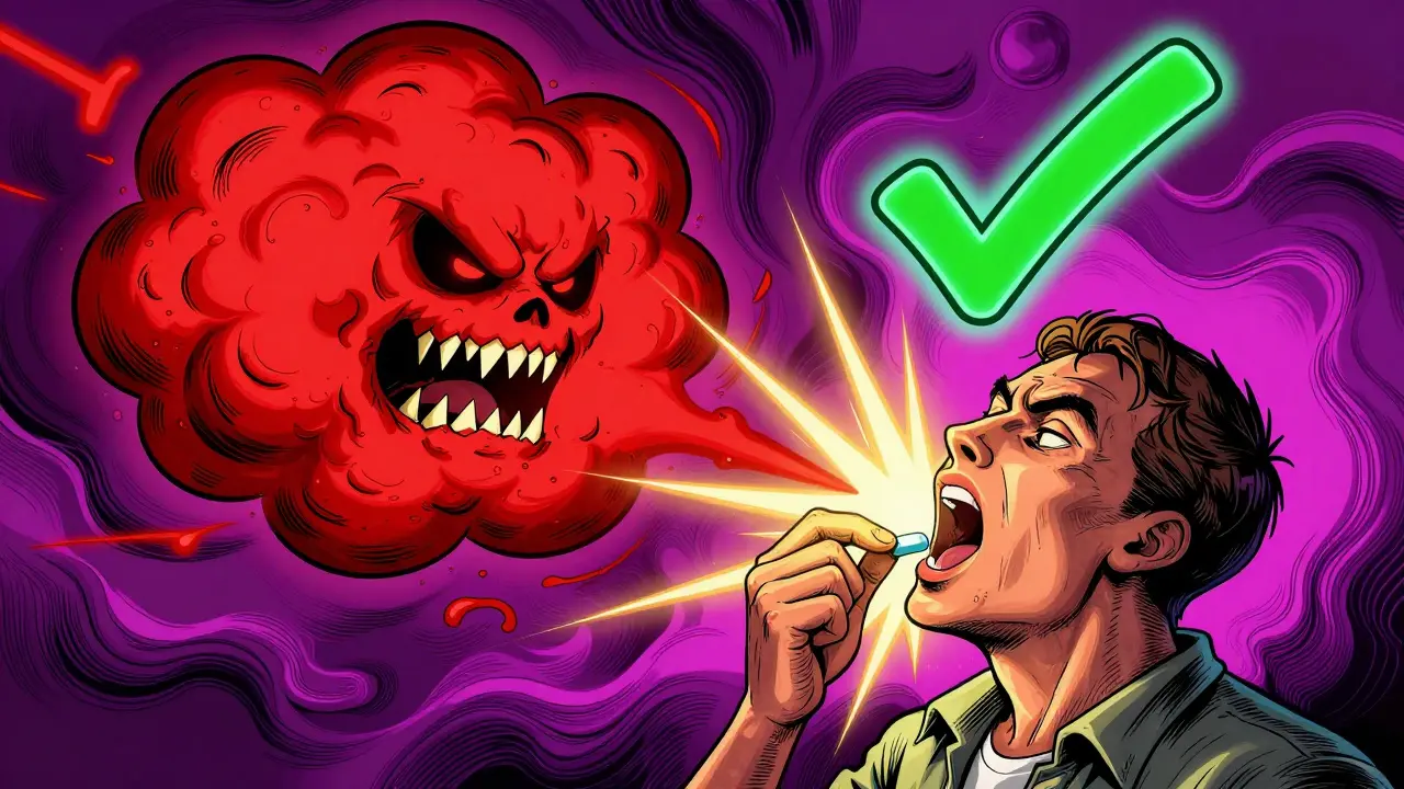 Person swallowing a pill during an oral challenge as glowing positive and negative forces float above