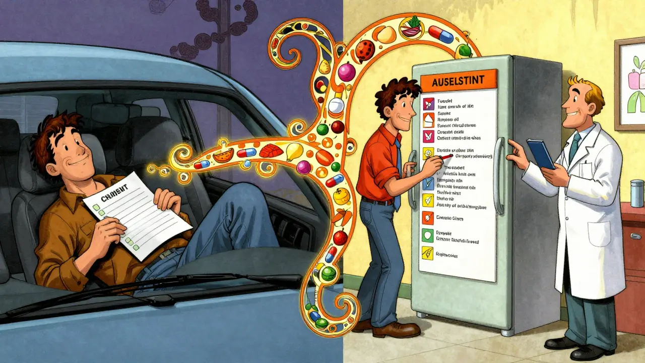 Split scene: emergency vs safe scenario with vibrant checklist and interlocking pill-food symbols