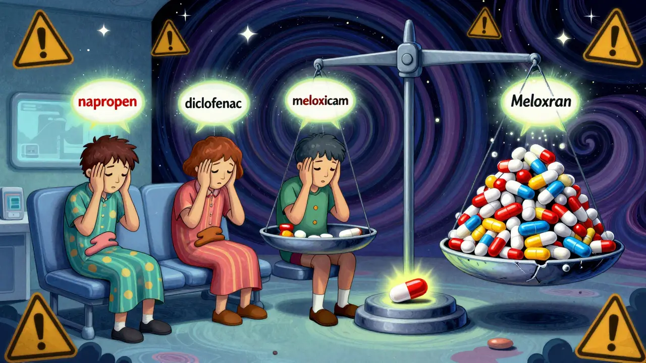 Three patients in an ER with floating NSAID labels above them, while a scale tips dangerously, and a small safe acetaminophen pill glows nearby.