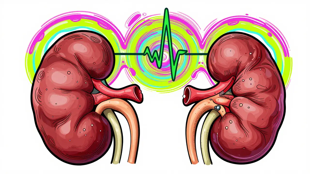 Two kidneys side by side—one swollen and one shrunken—with a Doppler waveform and stone depicted in psychedelic, organic lines.