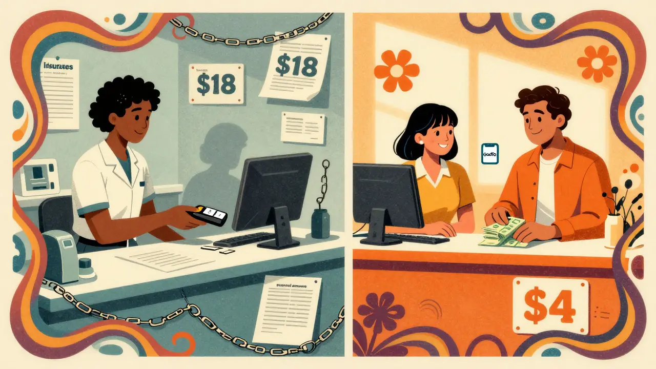 Two pharmacy scenes: one with high insurance copay and hidden profit, the other with low cash price and smiling patient.