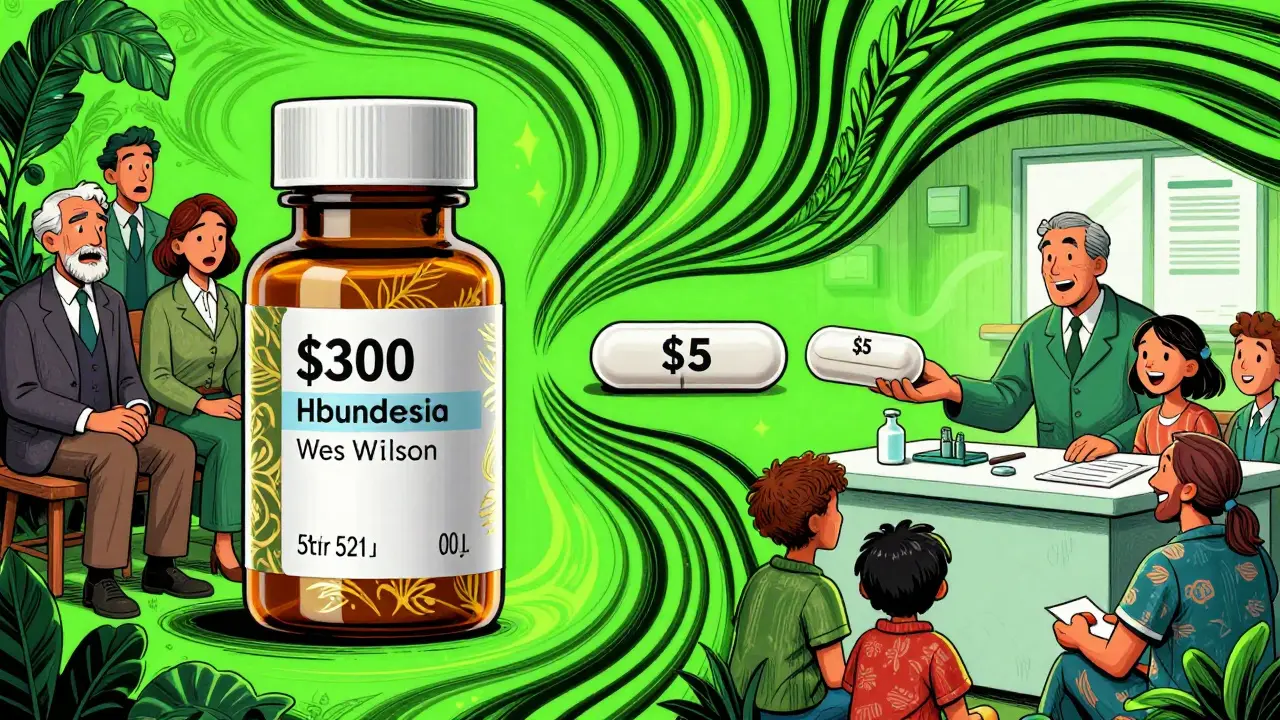 A 0 branded drug contrasts with a  generic pill being handed to a family in a rural clinic, rendered in bold psychedelic colors.
