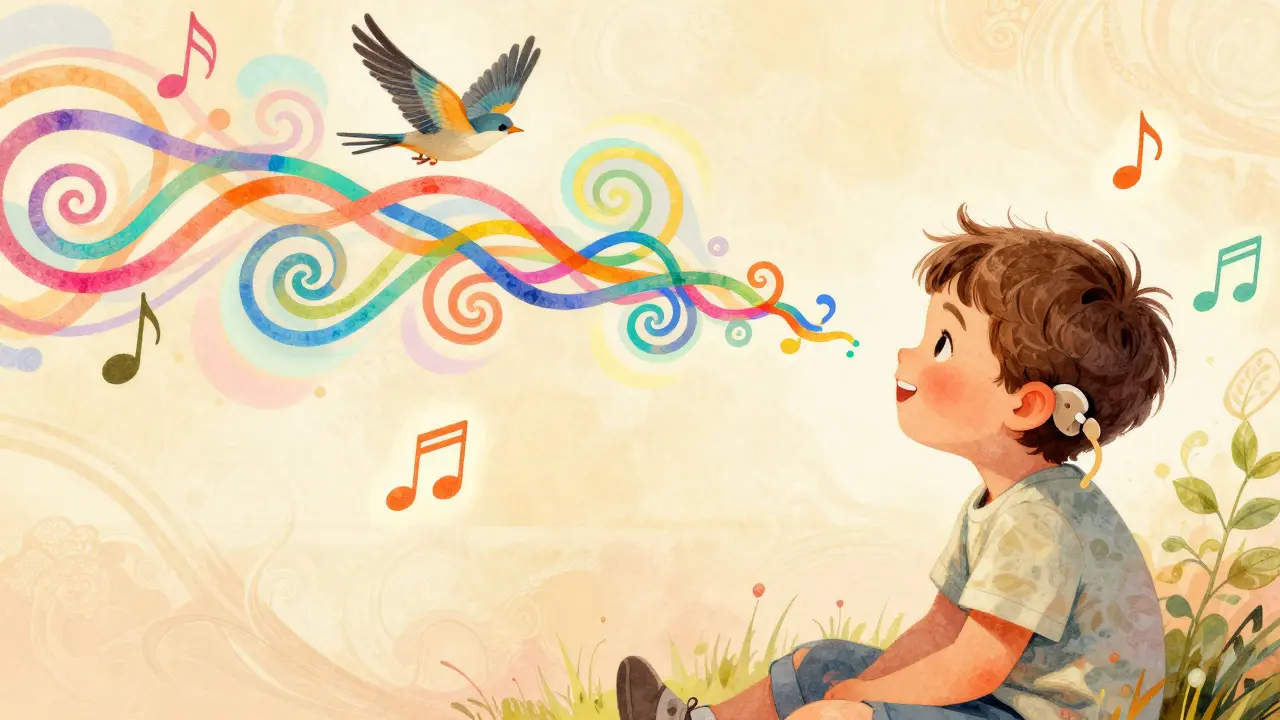 A child with a cochlear implant surrounded by abstract sound waves from a bird, rendered in swirling psychedelic style.