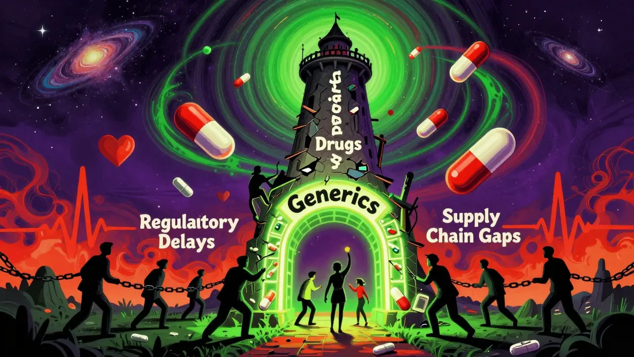A crumbling tower of specialty drugs looms over a glowing arch of generics, with people climbing toward health amid regulatory chains.