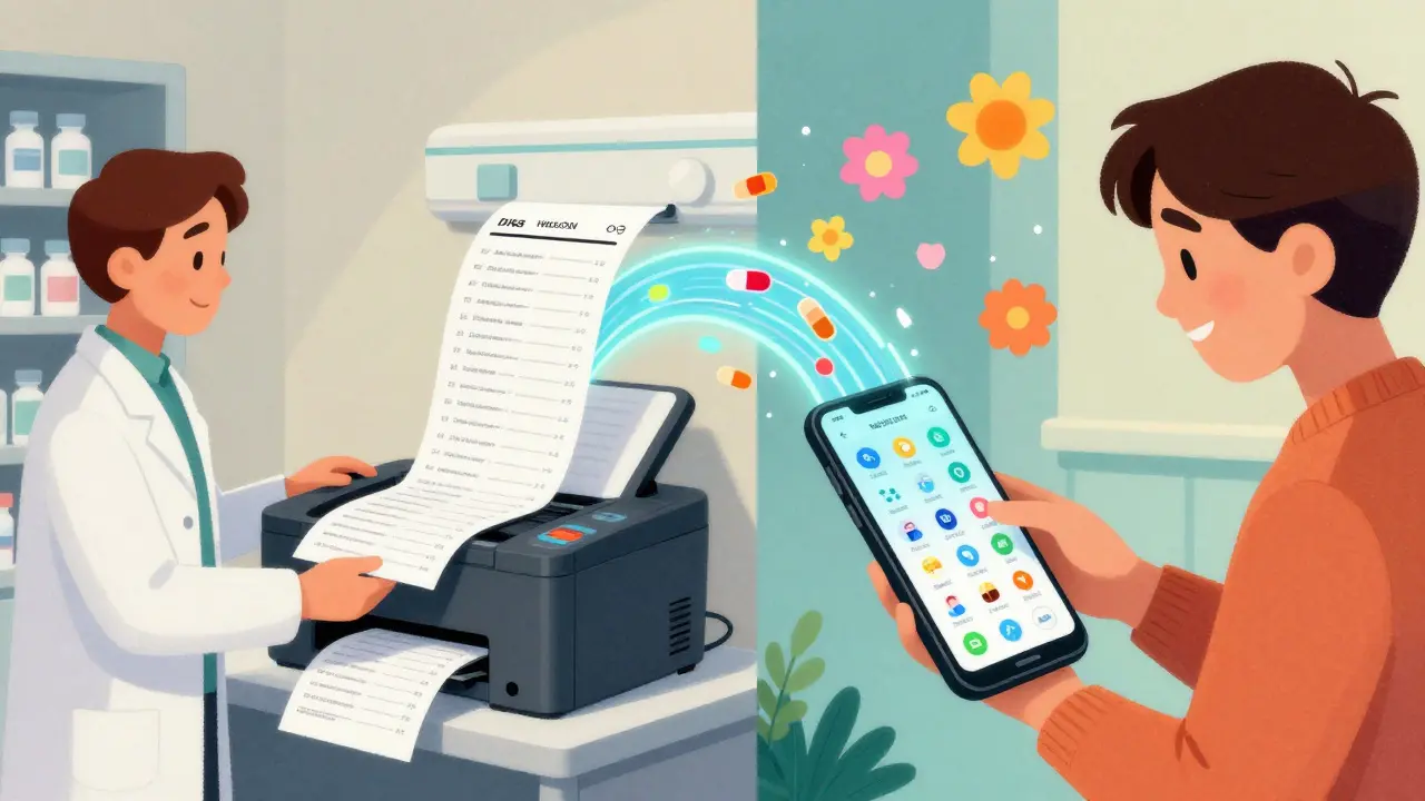A paper dosing chart transforming into a digital feed flowing into a parent’s phone, symbolizing the connection between hospital and home care.