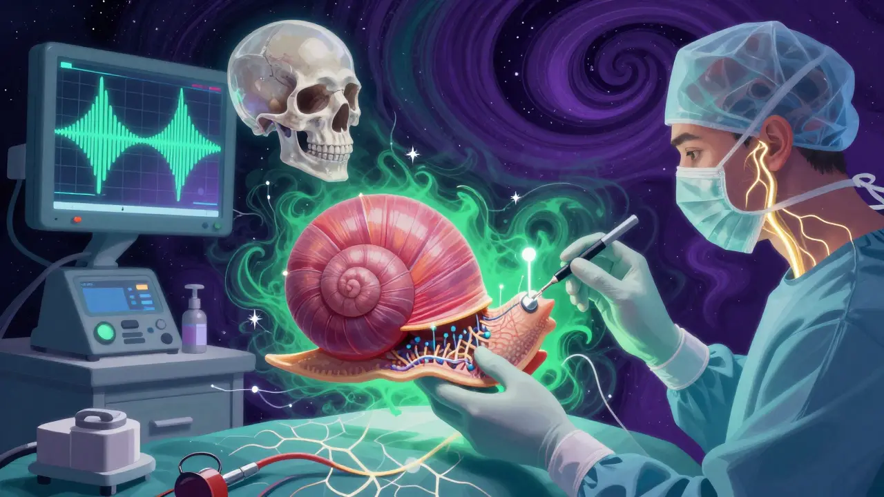 A surgeon inserting an electrode into a cochlea, with cosmic neural pathways glowing in psychedelic colors.