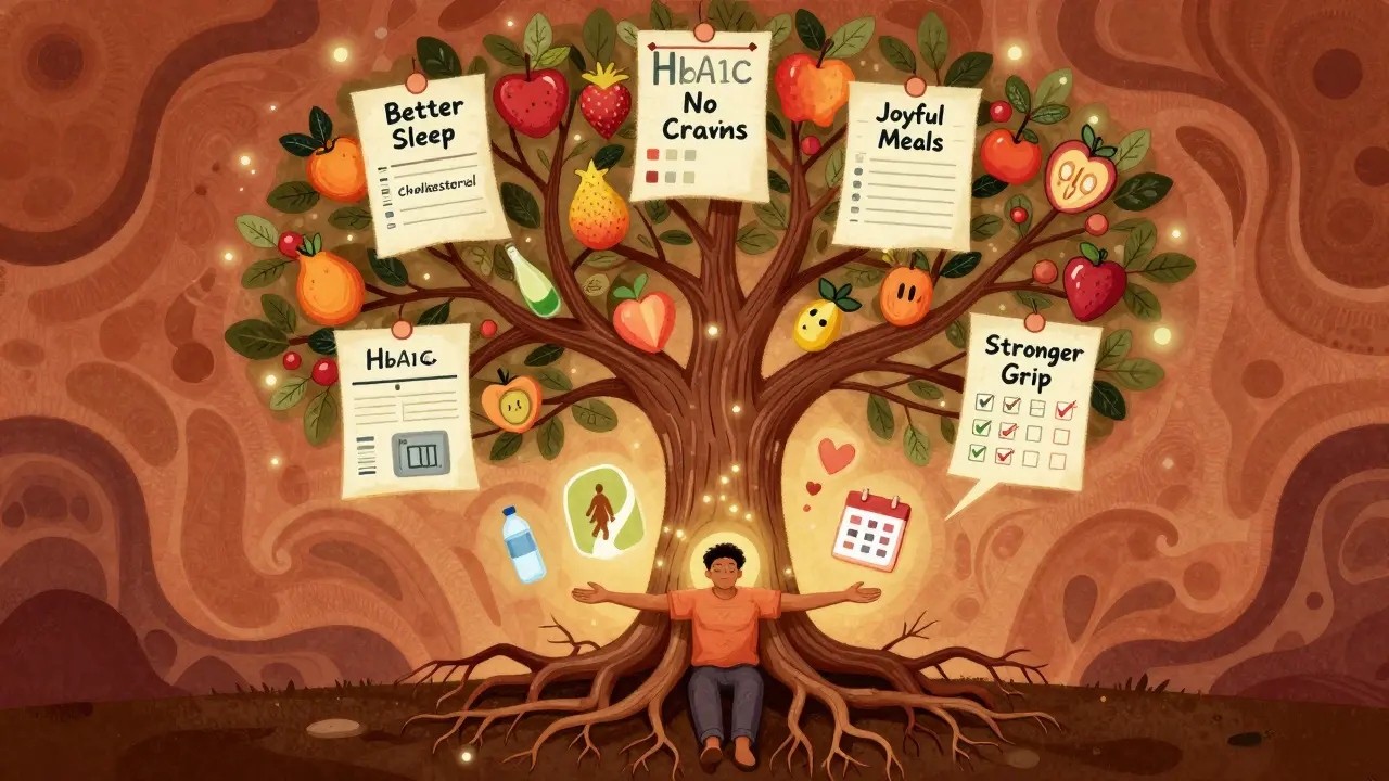 A tree with health lab roots and fruits labeled with non-scale wins, under a peaceful person in vibrant psychedelic illustration.