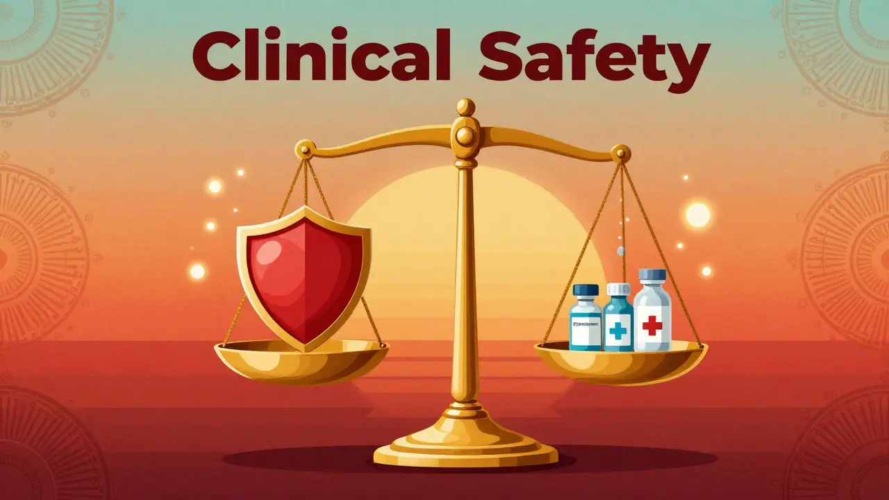 Balanced scale with heart shield and medicine vials in retro style.