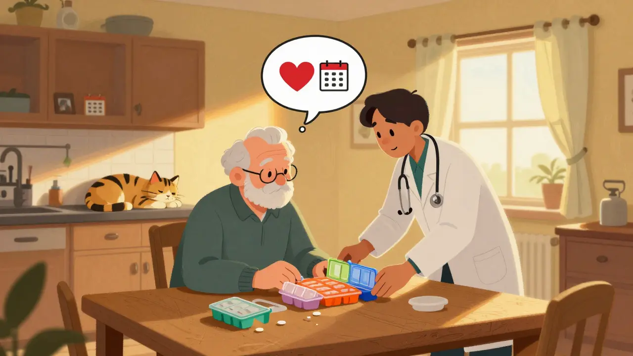 Community health worker helping an elderly man organize pillboxes at home, with warm lighting and a cat nearby.