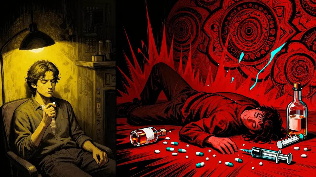 Contrasting scenes of safe benzodiazepine use versus dangerous drug mixing with vibrant swirling patterns and glowing pill labels