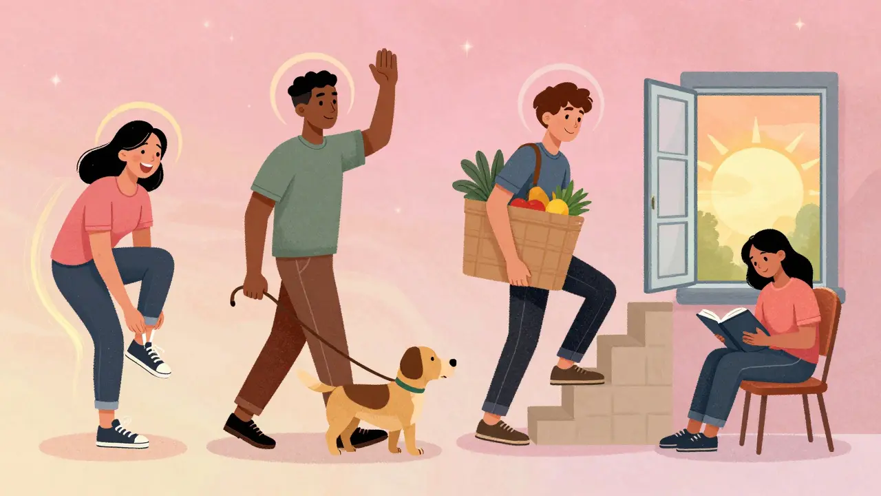 Diverse people celebrating everyday health victories like walking, tying shoes, and journaling, with colorful halos in swirling cartoon art.