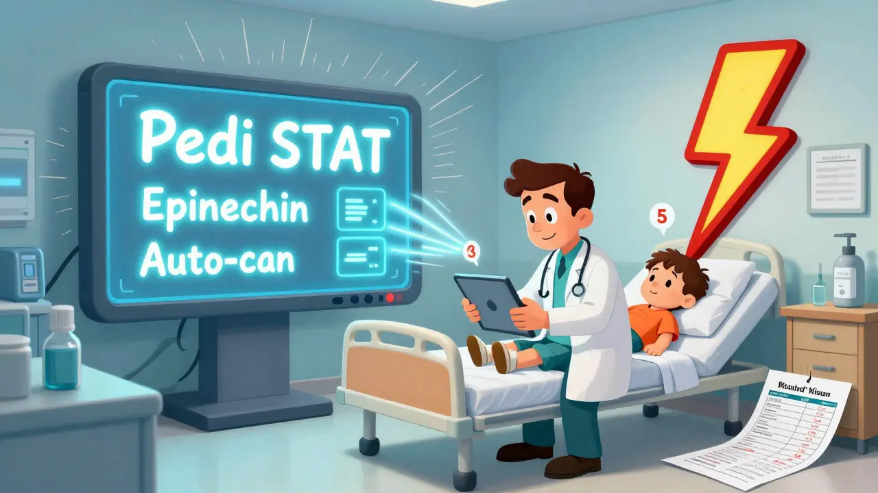 Emergency doctor using a dosing app in a pediatric ward, with glowing calculations and a warning symbol over a weight unit error on paper.