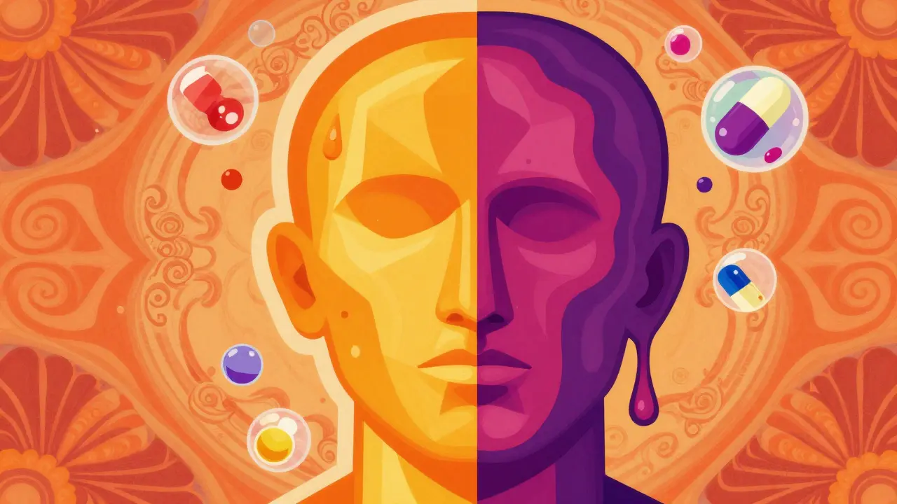 Human head half alert half sleepy with floating pills in vibrant art.