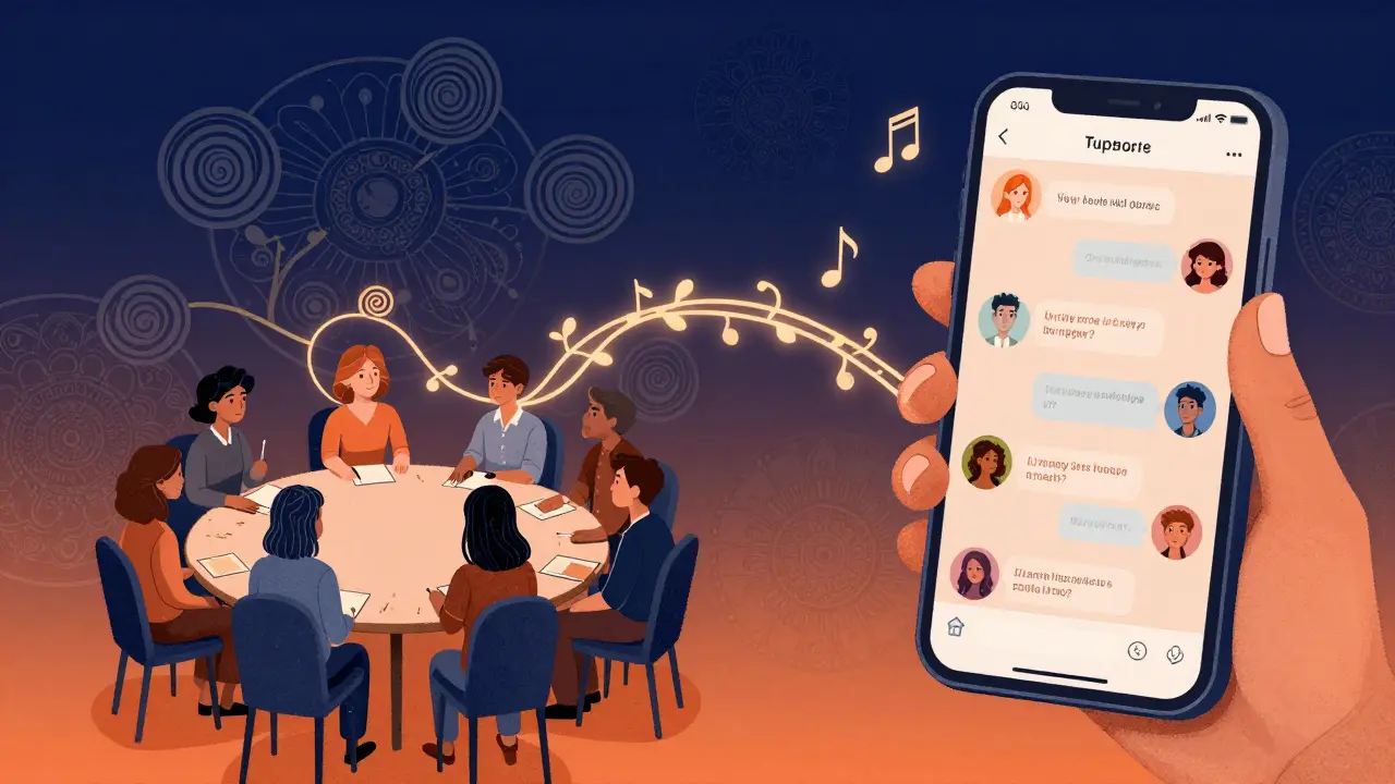 Hybrid support model showing in-person group and digital connection linked by glowing vines and musical symbols.