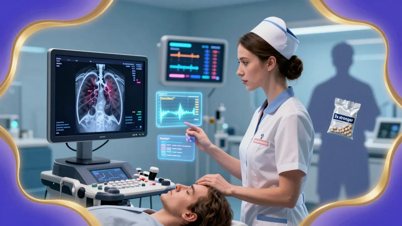 Nurse using ultrasound monitor in ER with glowing vital signs and warning display of illicit pills, all in psychedelic Wes Wilson style
