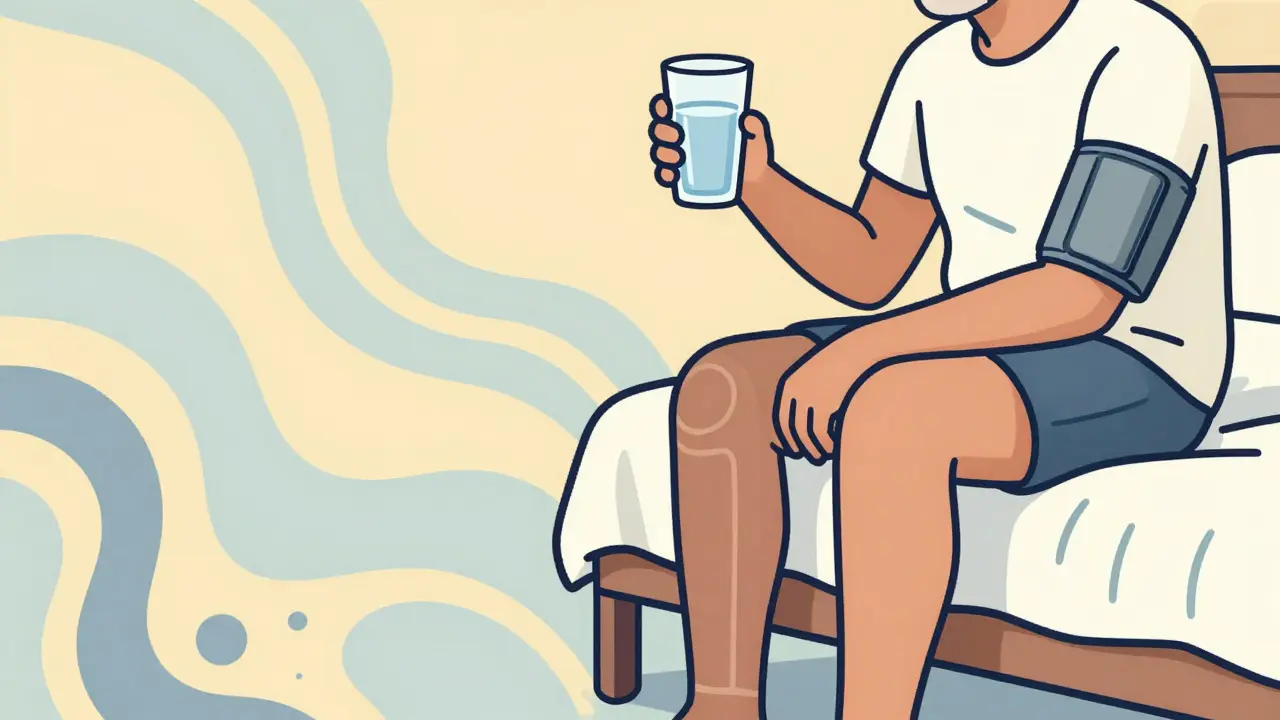 Person sitting on bed edge drinking water with compression stockings.