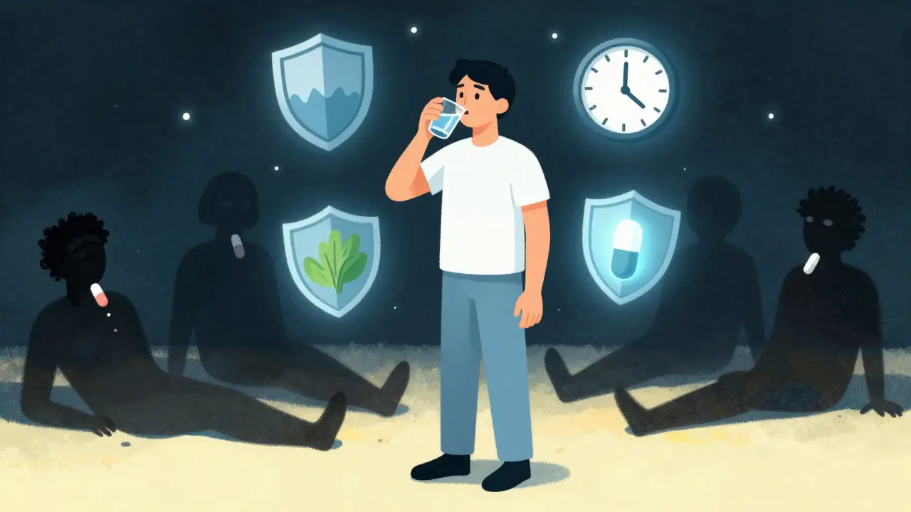 Person taking medicine safely with water and protective symbols, contrasting with shadowy risky scenarios.