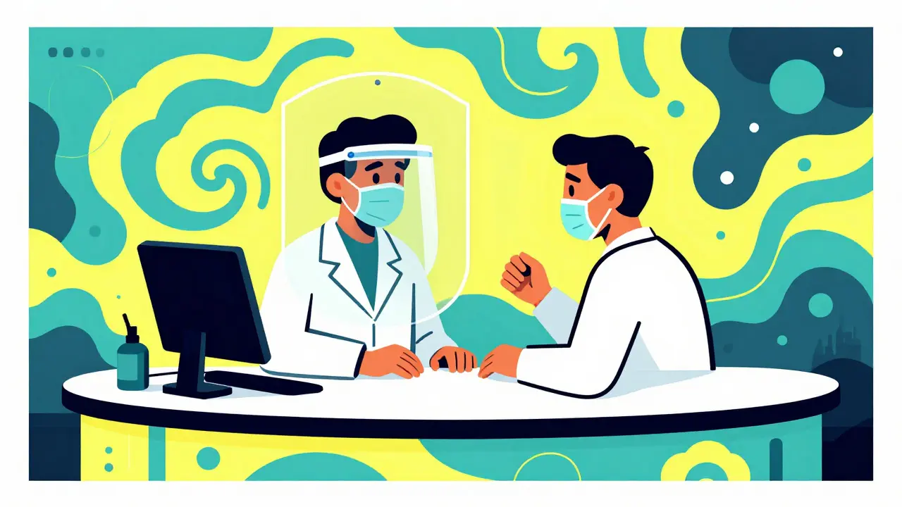 Pharmacist advising a patient on safe medication alternatives safely.