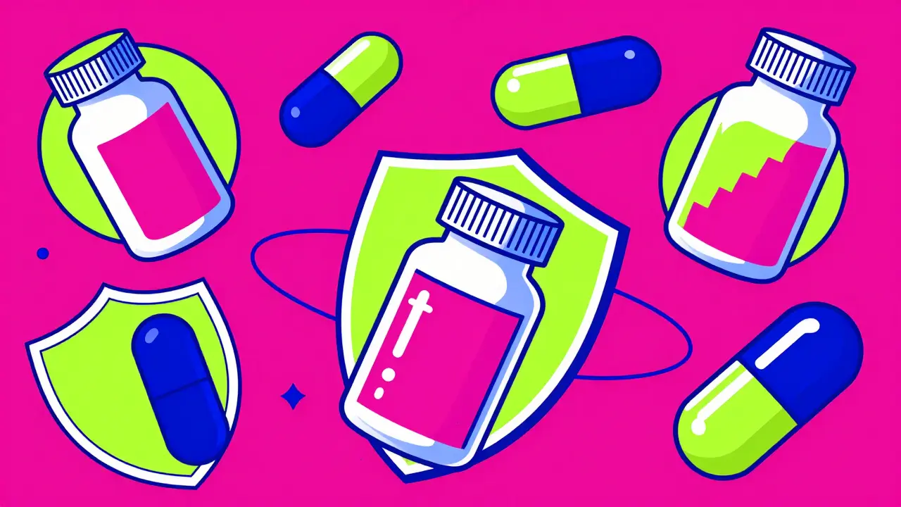 Stylized pill bottles with protective and warning symbols.