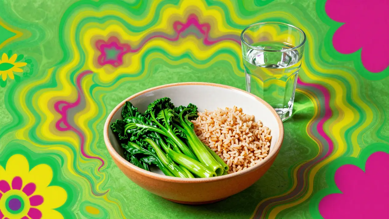 A customized healthy burrito bowl with extra vegetables in a psychedelic art style.