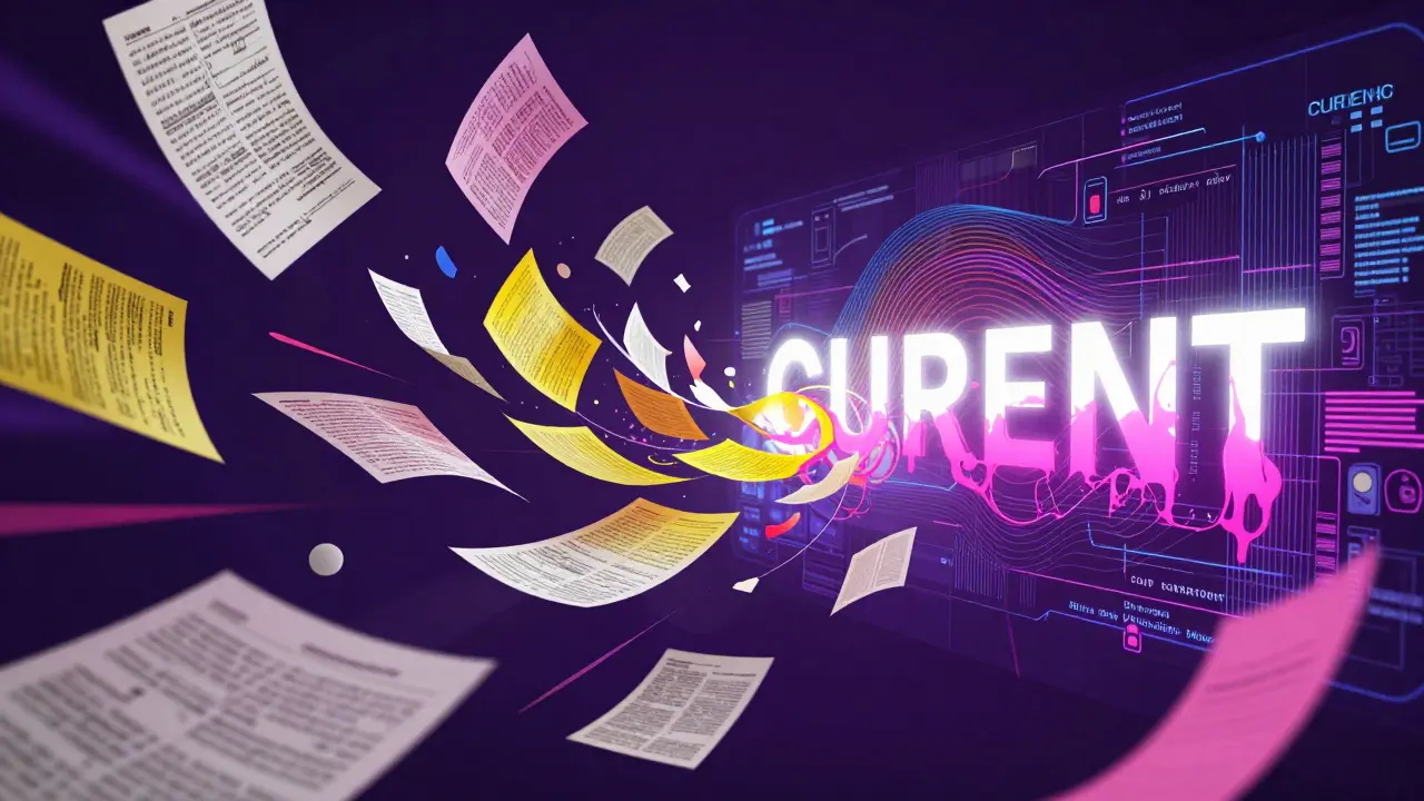 Abstract flow of paper logs transforming into a digital system in psychedelic illustration style.