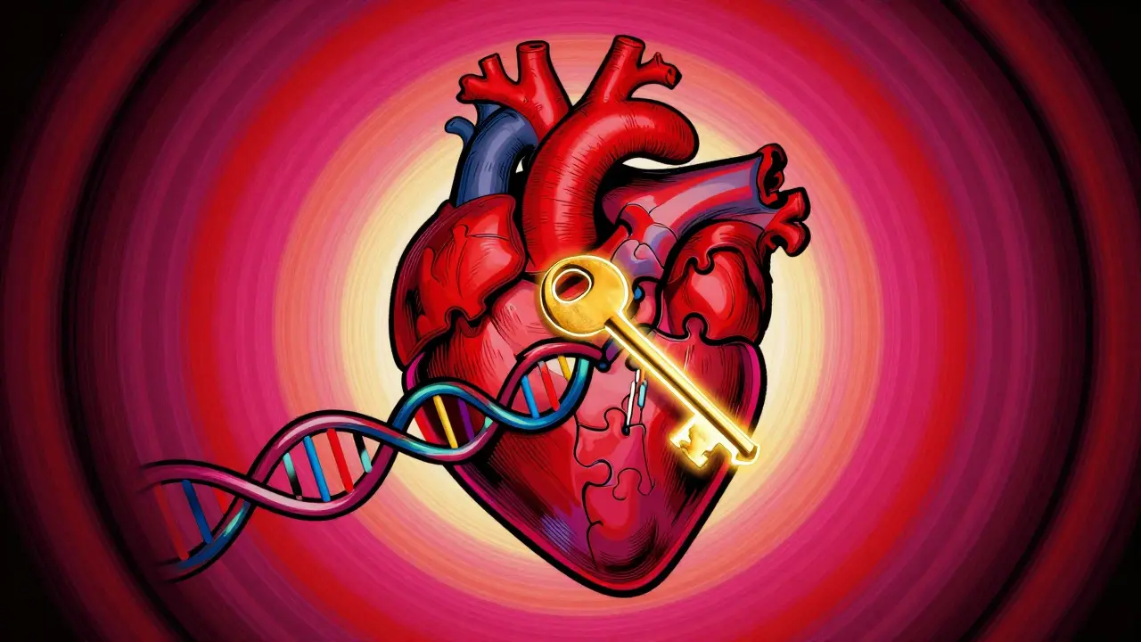 Abstract heart intertwined with a DNA strand and a golden key symbolizing genetic risks.