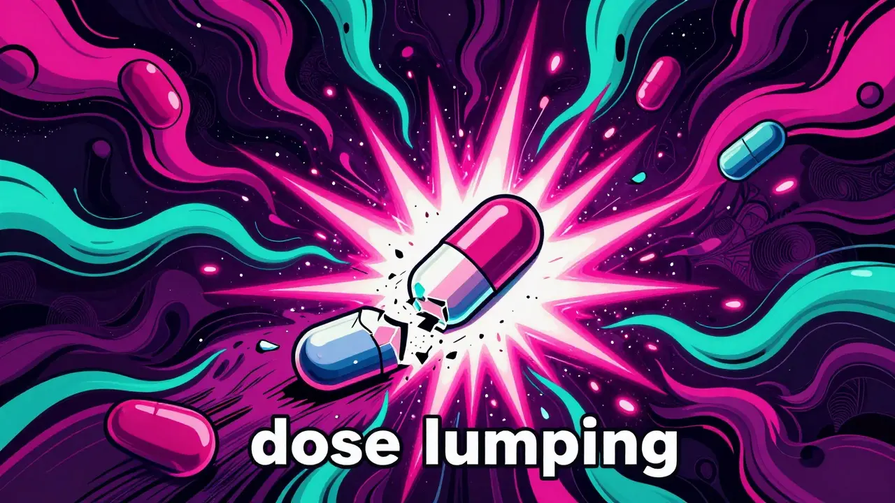 Abstract illustration of a pill fragmenting with an explosive burst of neon colors.