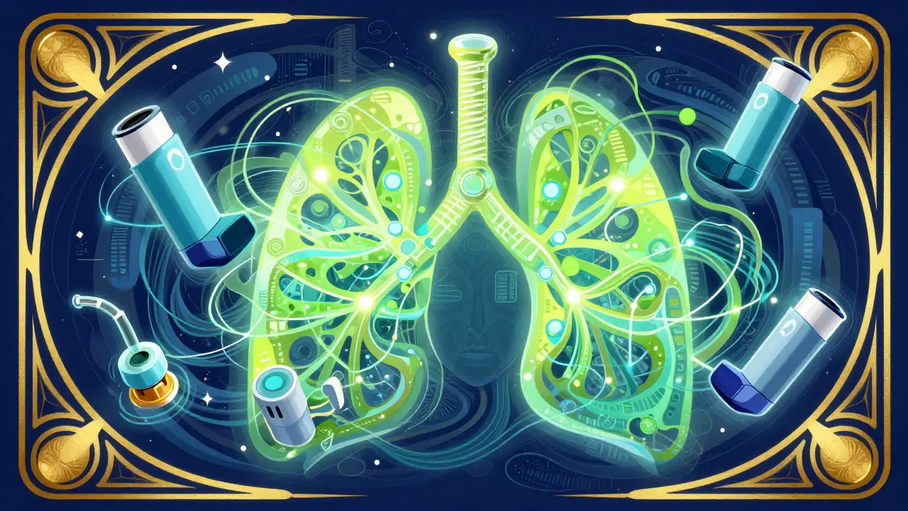 Abstract illustration of smart respiratory technology with flowing digital patterns
