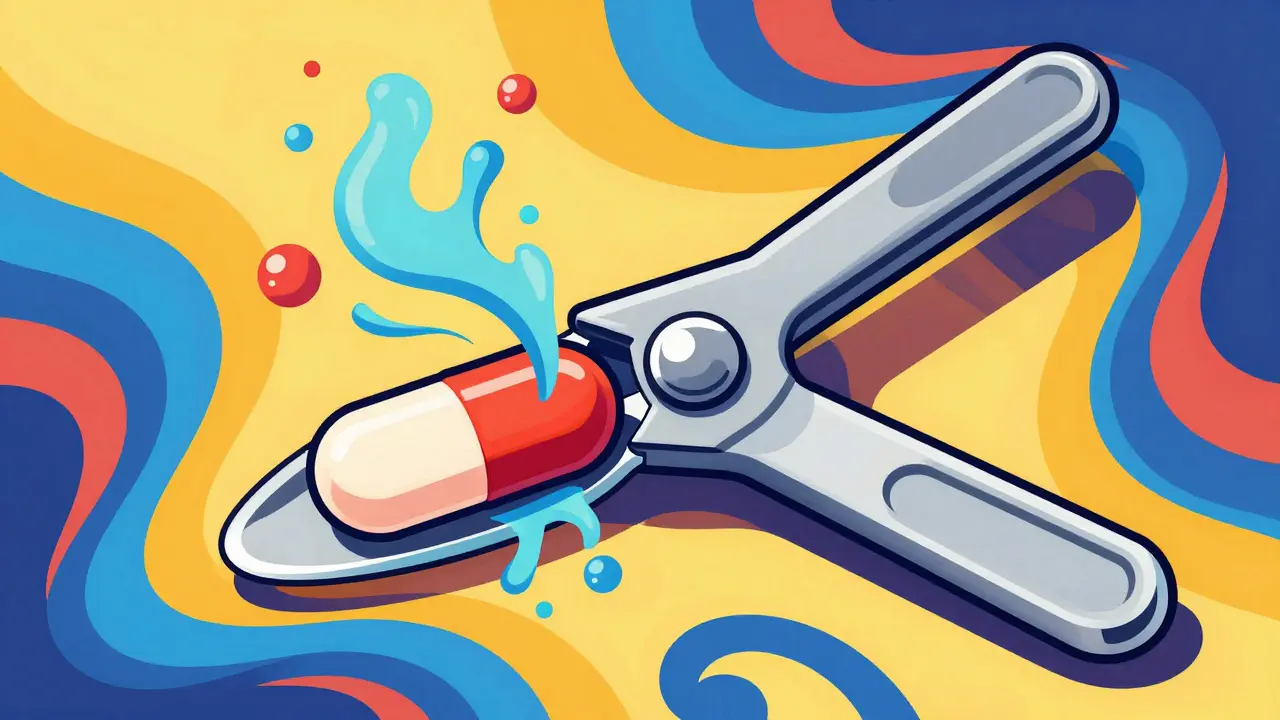 Artistic depiction of a pill being cut by a pill splitter with swirling colors.