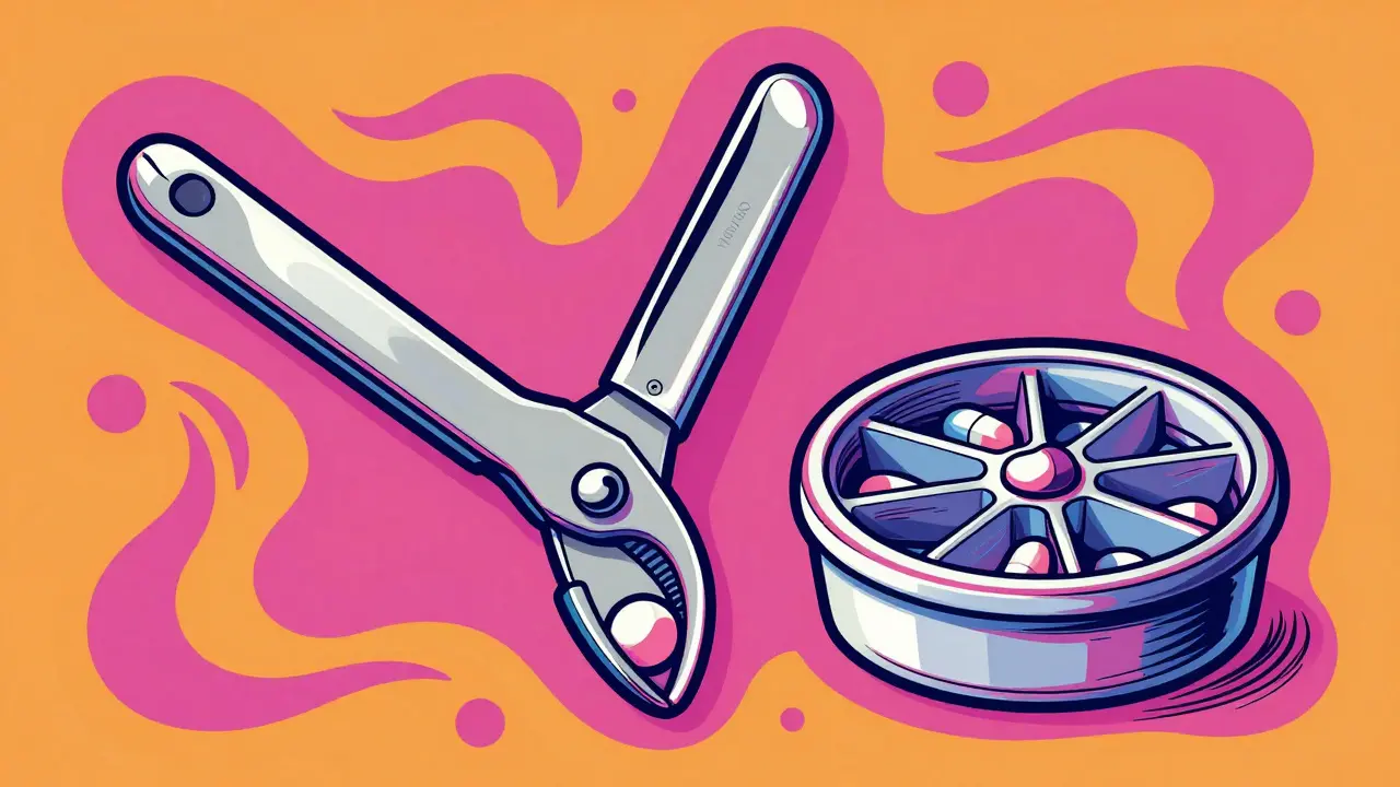 Artistic rendering of a pill splitter and closed-system crusher in a colorful, swirling style.