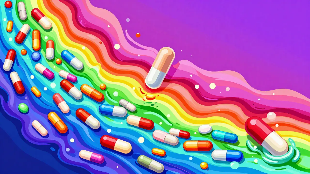 Colorful abstract art showing a cascade of pills representing falling prices