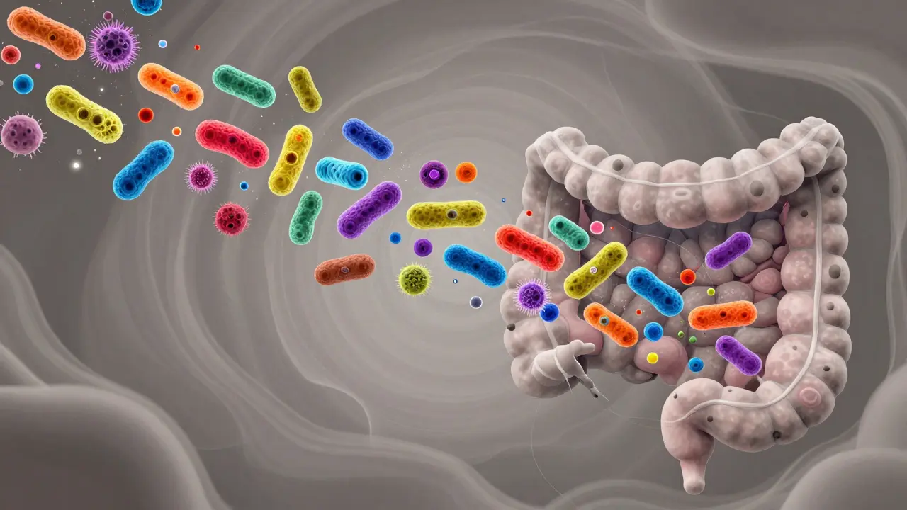 Colorful illustration of a healthy microbiome being restored to the gut.