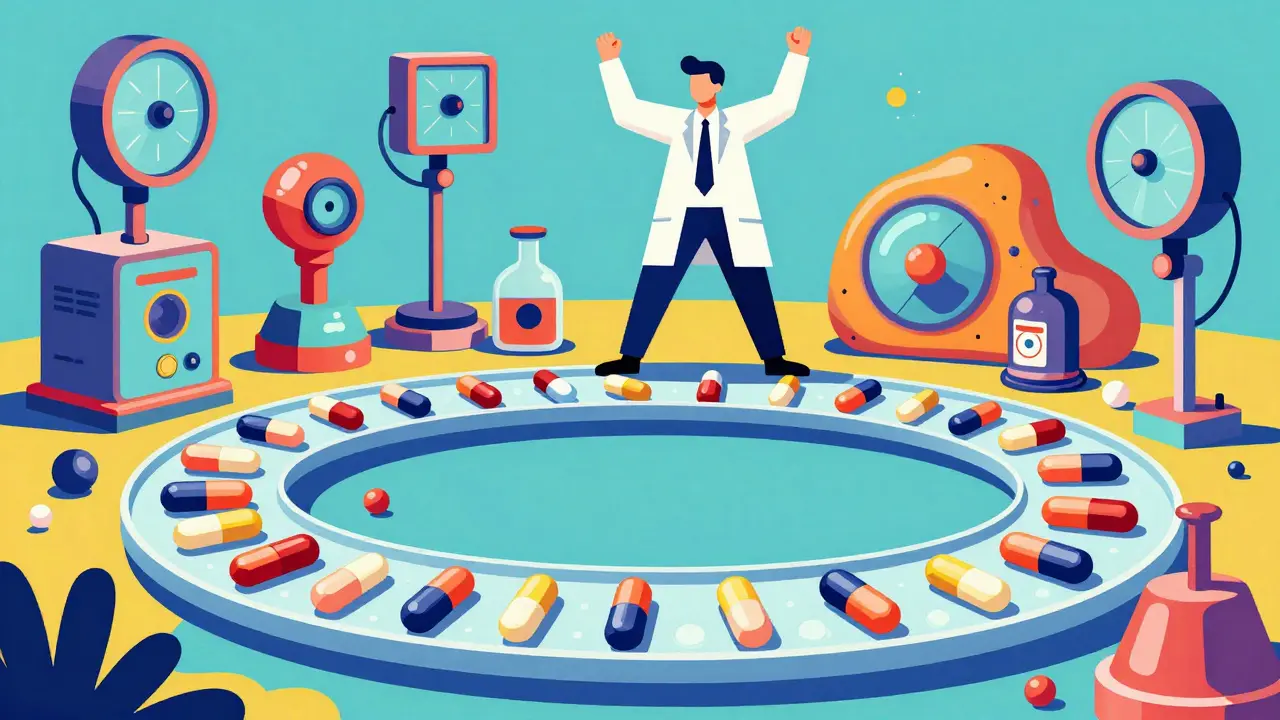 Continuous loop of colorful drug tablets being monitored by a QA expert in bold graphic style.