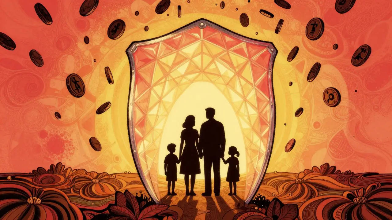 Family protected by glowing shield against falling money bags.