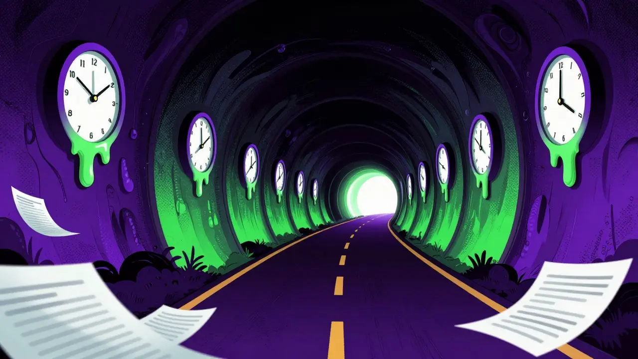 Neon tunnel with melting clocks representing drug approval wait.