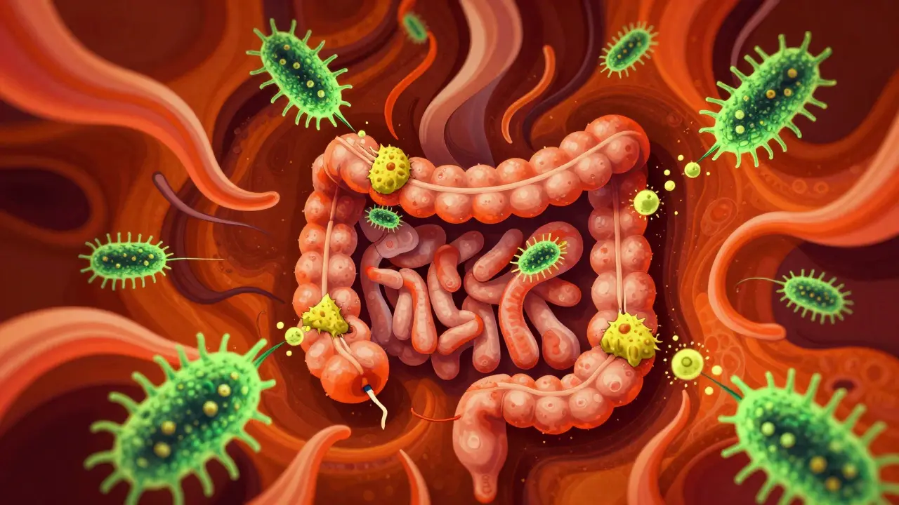 Psychedelic depiction of C. diff bacteria attacking the colon lining with toxins.