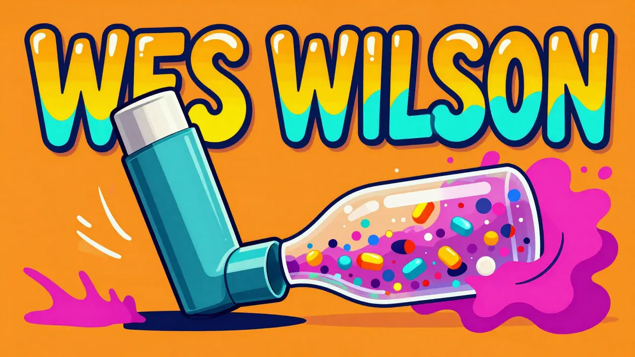 Stylized graphic of an inhaler and spacer with floating colorful medicine particles