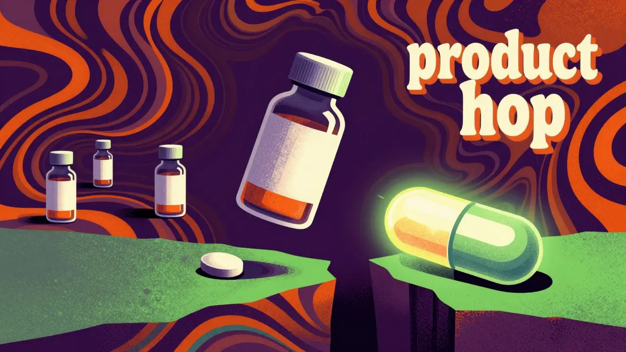 Stylized illustration of a brand drug evolving into a new version to avoid generics