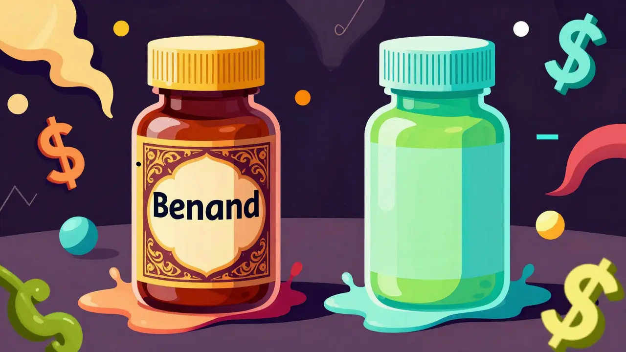 Stylized illustration of two colorful medication bottles in a psychedelic art style