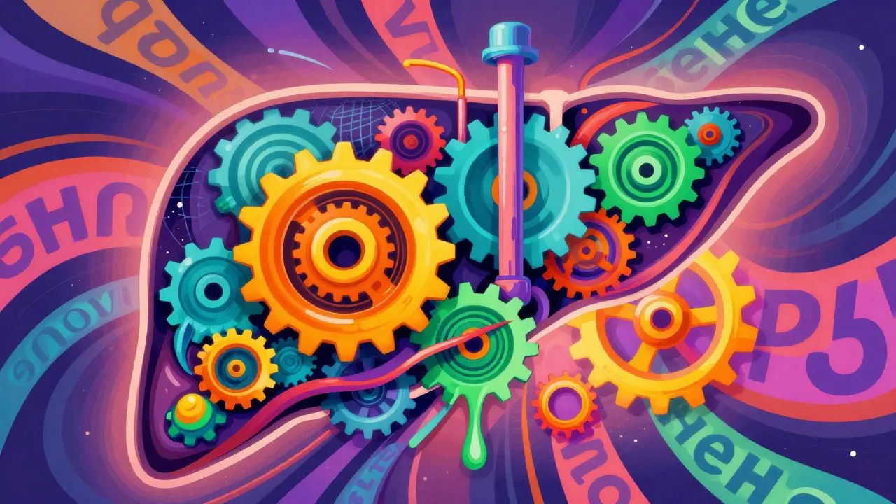 Stylized liver processing plant with colorful gears representing different metabolic speeds.