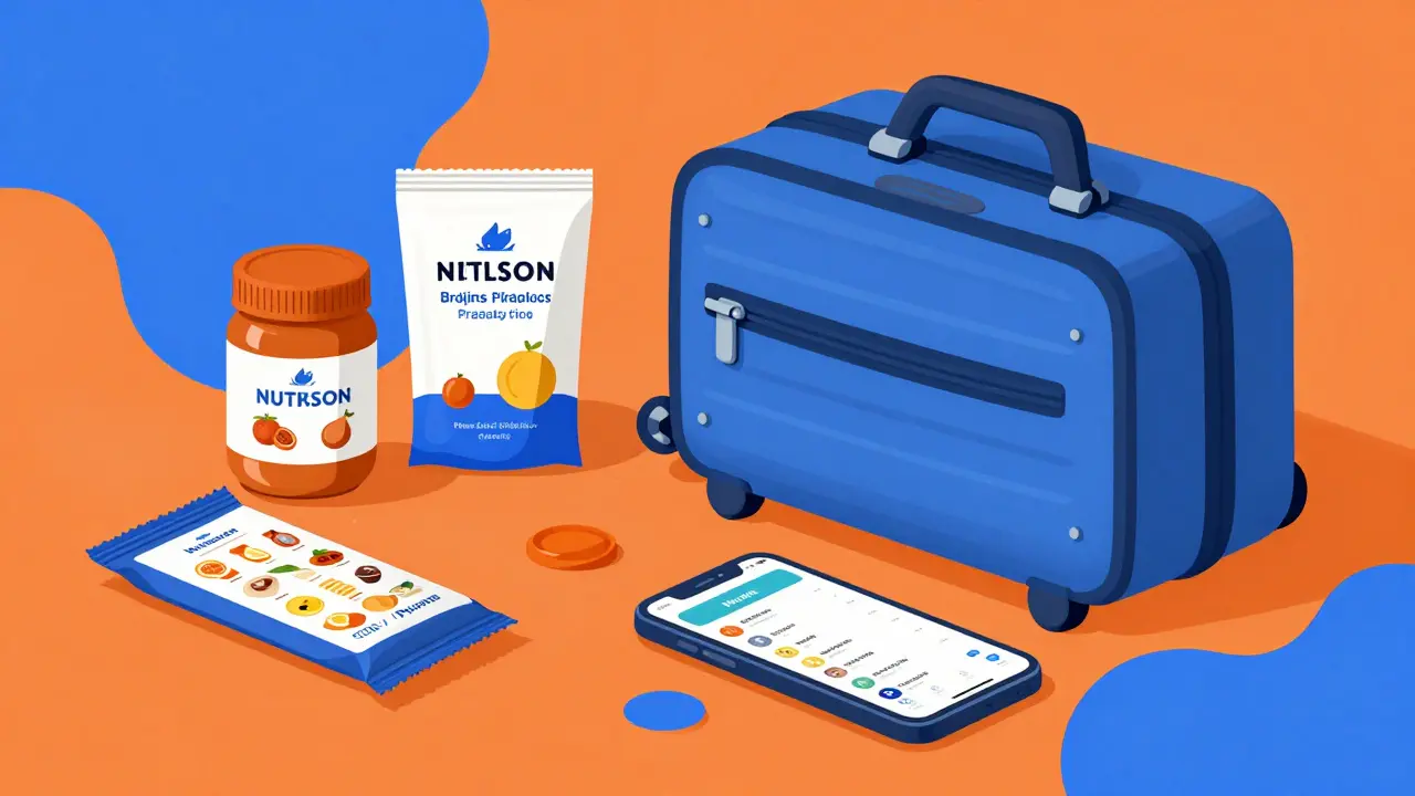 Travel preparation layout with a carry-on bag, protein snacks, and a nutrition app.