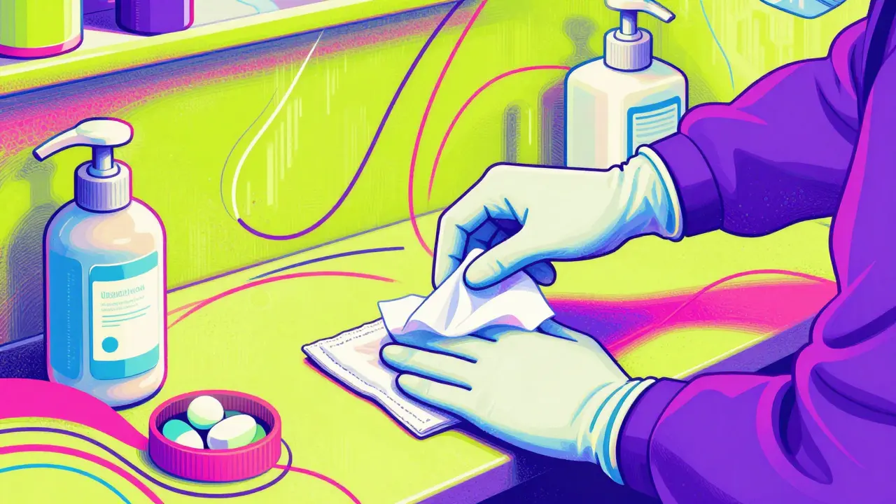 Vibrant illustration of hands in gloves cleaning a surface for medication prep.