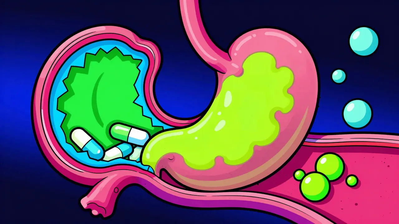 Cartoon stomach and blood showing NSAIDs eroding lining and Warfarin stopping clotting