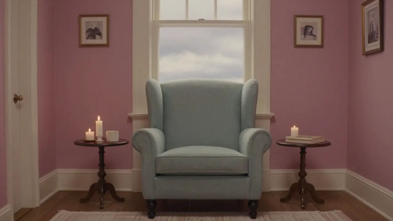 Cozy, symmetrical living room corner with an armchair and candles for relaxation.